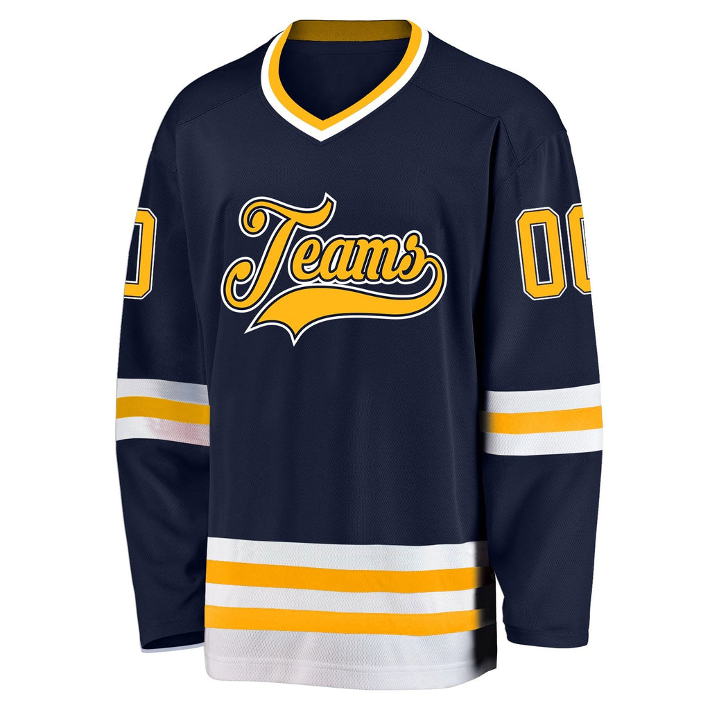 Custom Navy Gold-White Hockey Jersey photo 2
