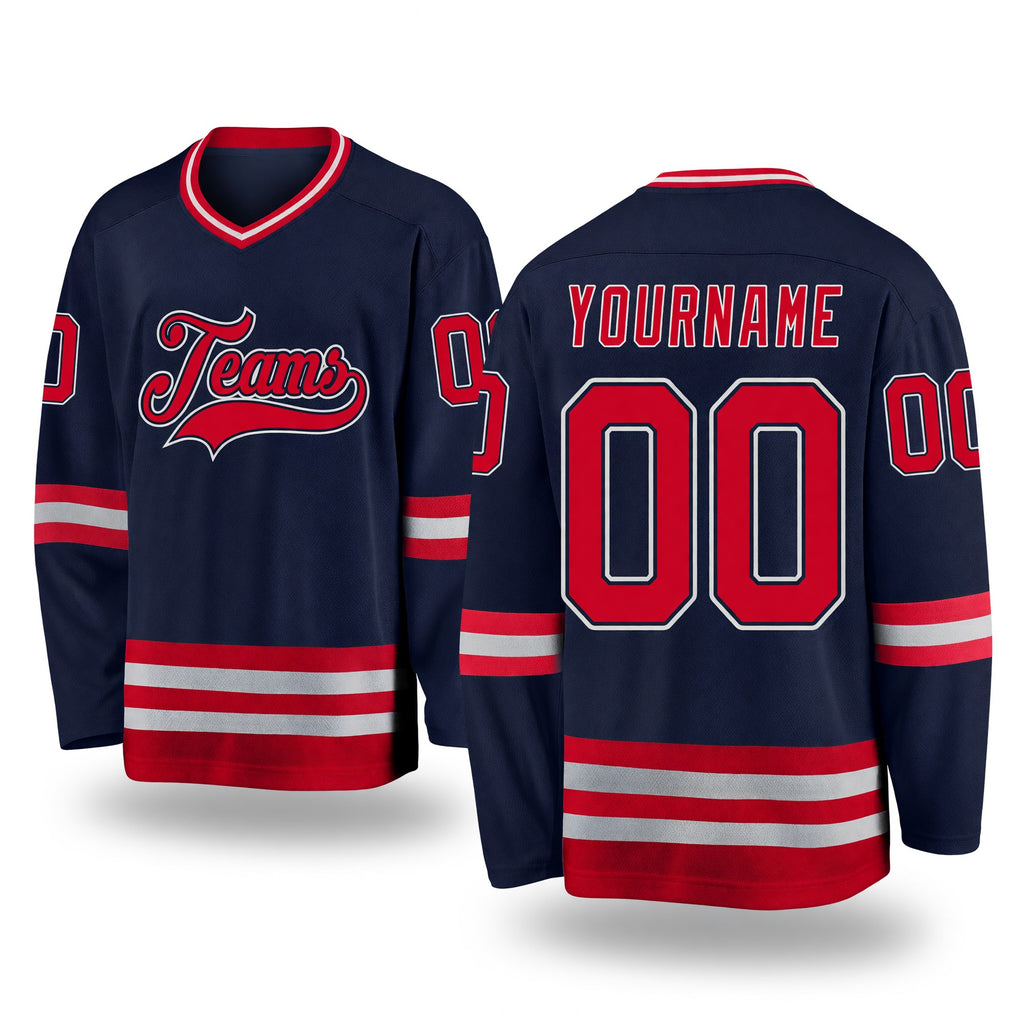 Custom Navy Red-Gray Hockey Jersey