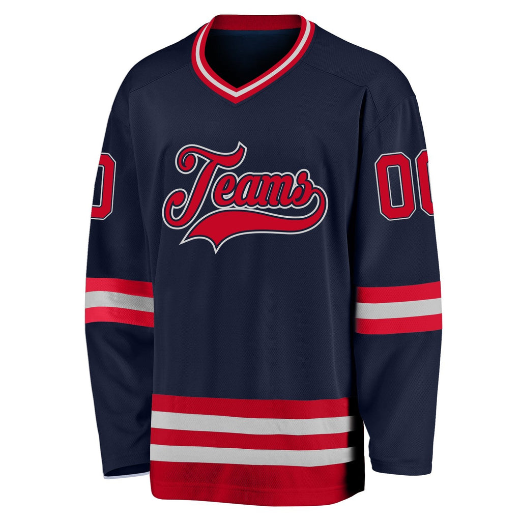 Custom Navy Red-Gray Hockey Jersey photo 2