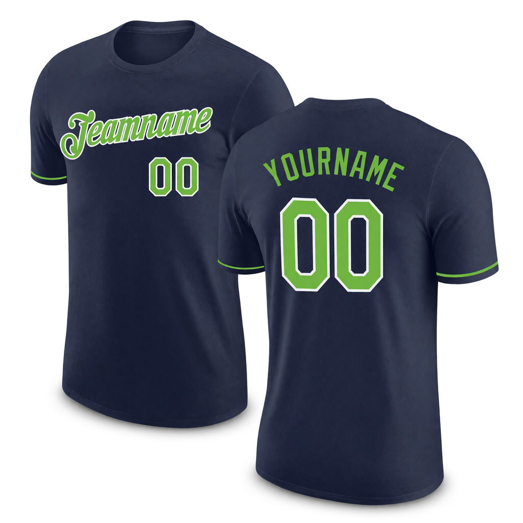 Custom Navy Neon Green-White Performance T-Shirt