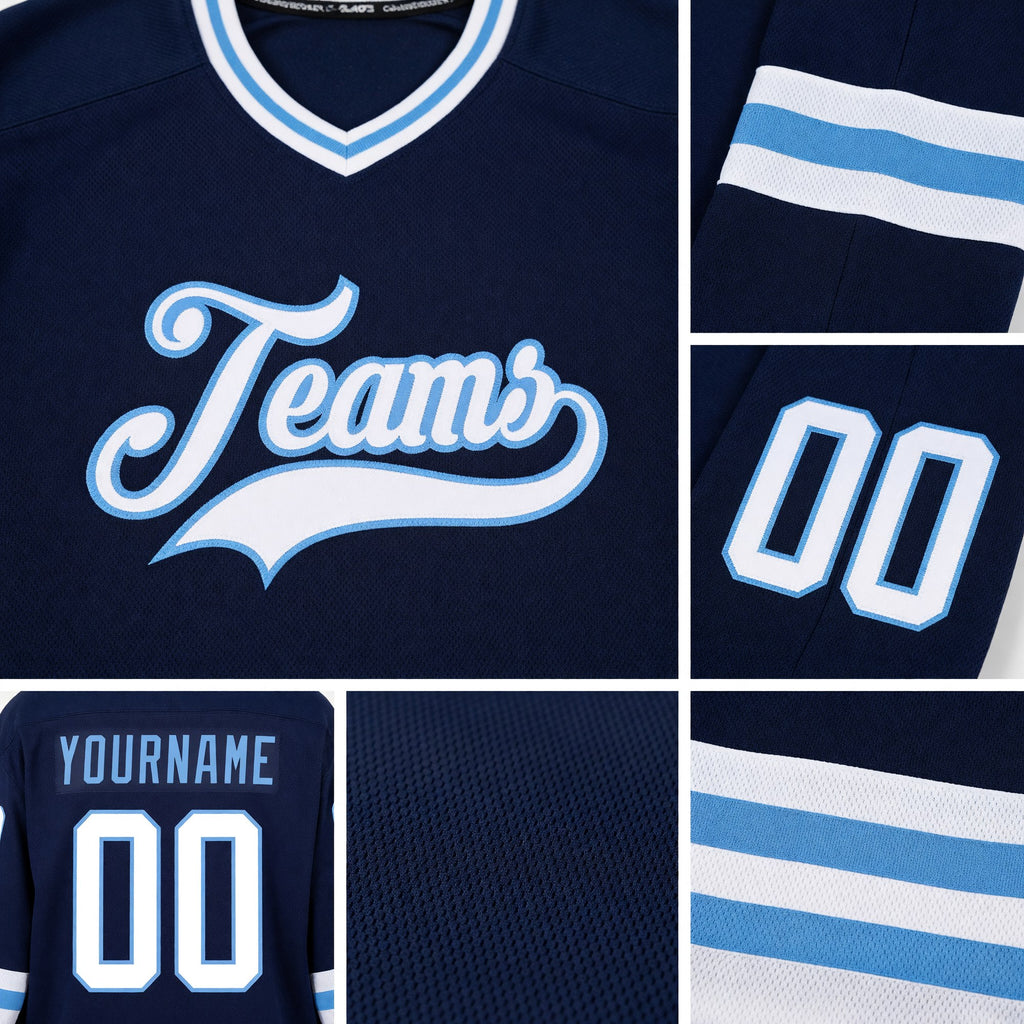 Custom Navy White-Light Blue Hockey Jersey detail