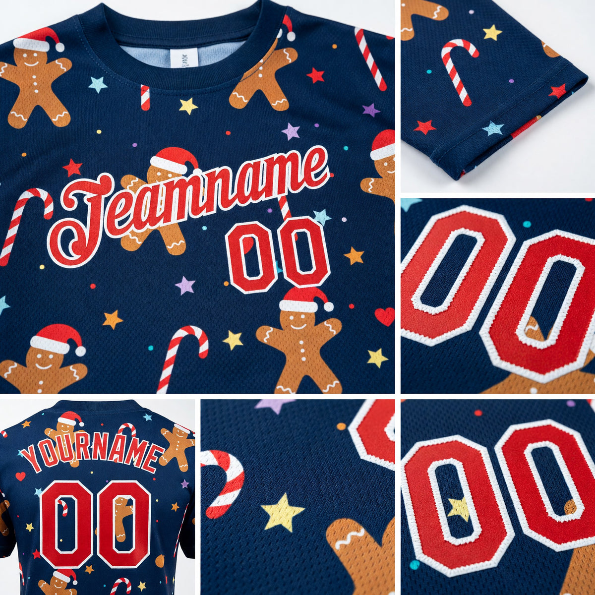 Custom Navy Red-White Christmas 3D Performance T-Shirt detail
