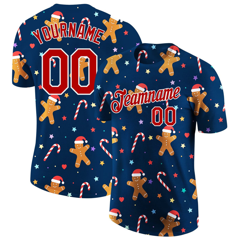 Custom Navy Red-White Christmas 3D Performance T-Shirt photo 1