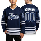 Custom Navy Navy-Gray Hockey Jersey worn front and back