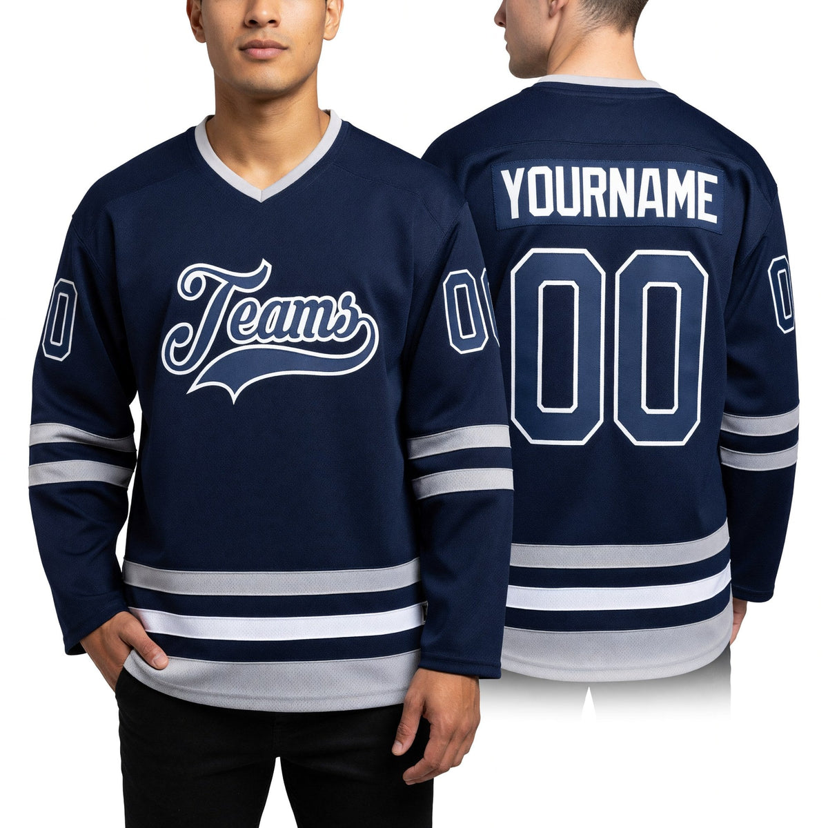 Custom Navy Navy-Gray Hockey Jersey worn front and back