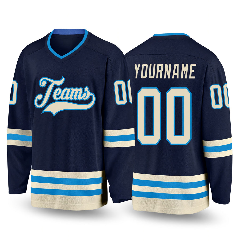 Custom Navy Cream-Blue Hockey Jersey