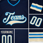Custom Navy Cream-Blue Hockey Jersey detail