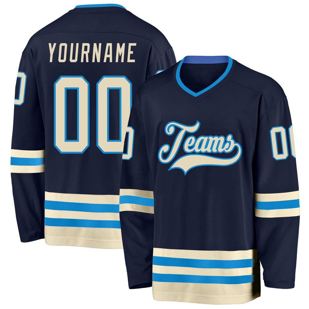 Custom Navy Cream-Blue Hockey Jersey photo 1