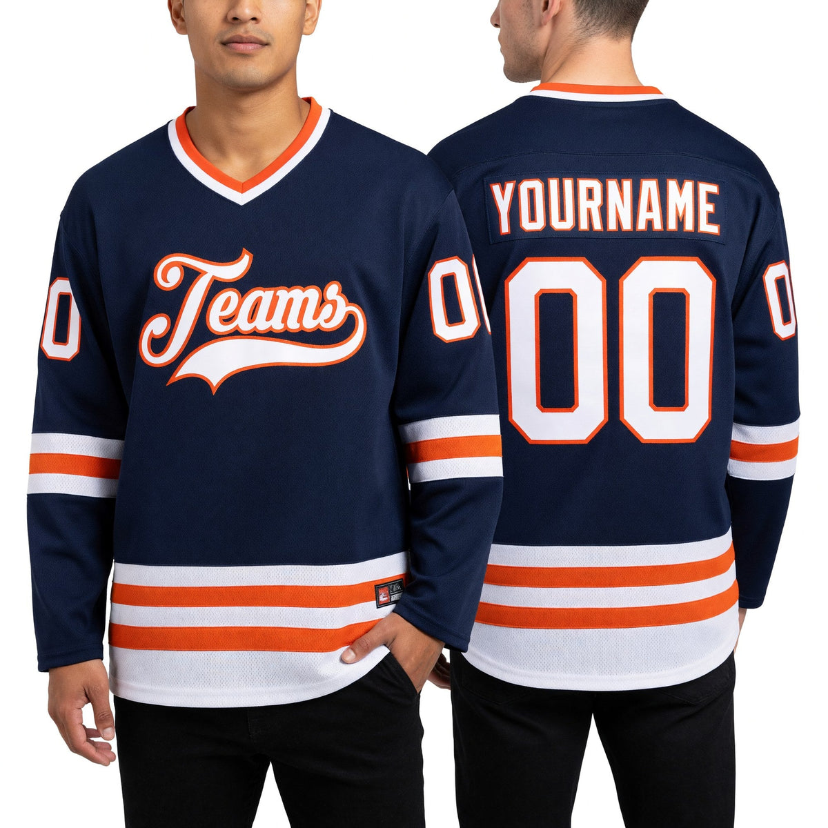 Custom Navy White-Orange Hockey Jersey worn front and back