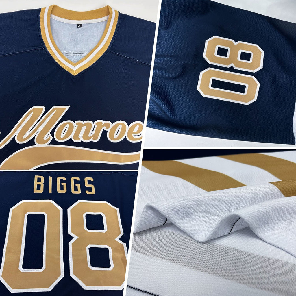 Custom Navy Old Gold-White Hockey Jersey photo 2