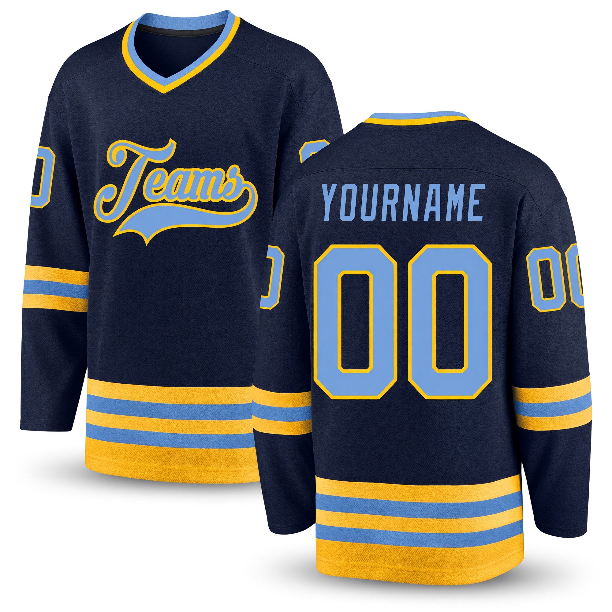Custom Navy Light Blue-Gold Hockey Jersey