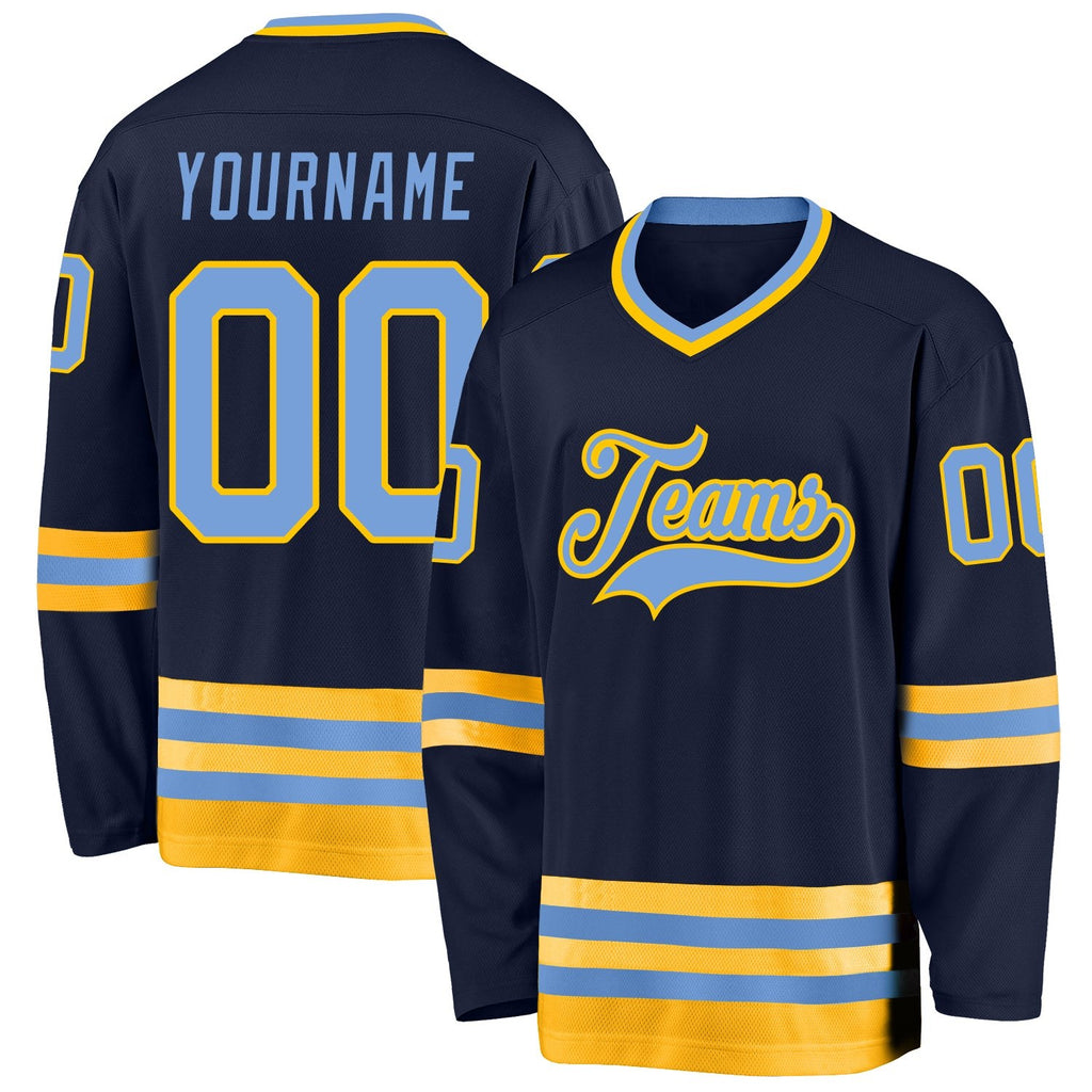 Custom Navy Light Blue-Gold Hockey Jersey photo 1