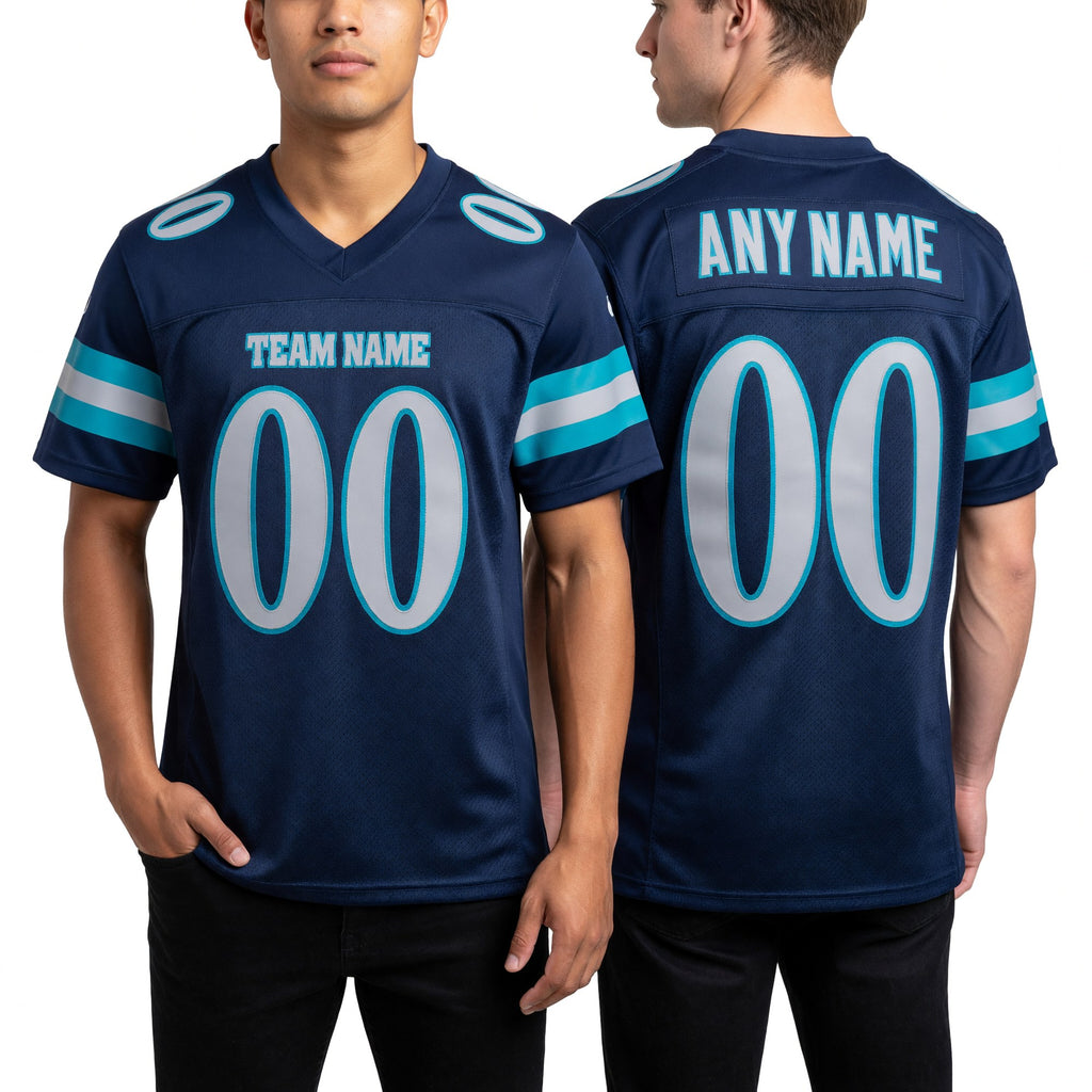 Custom Navy Gray-Aqua Mesh Authentic Football Jersey worn front and back