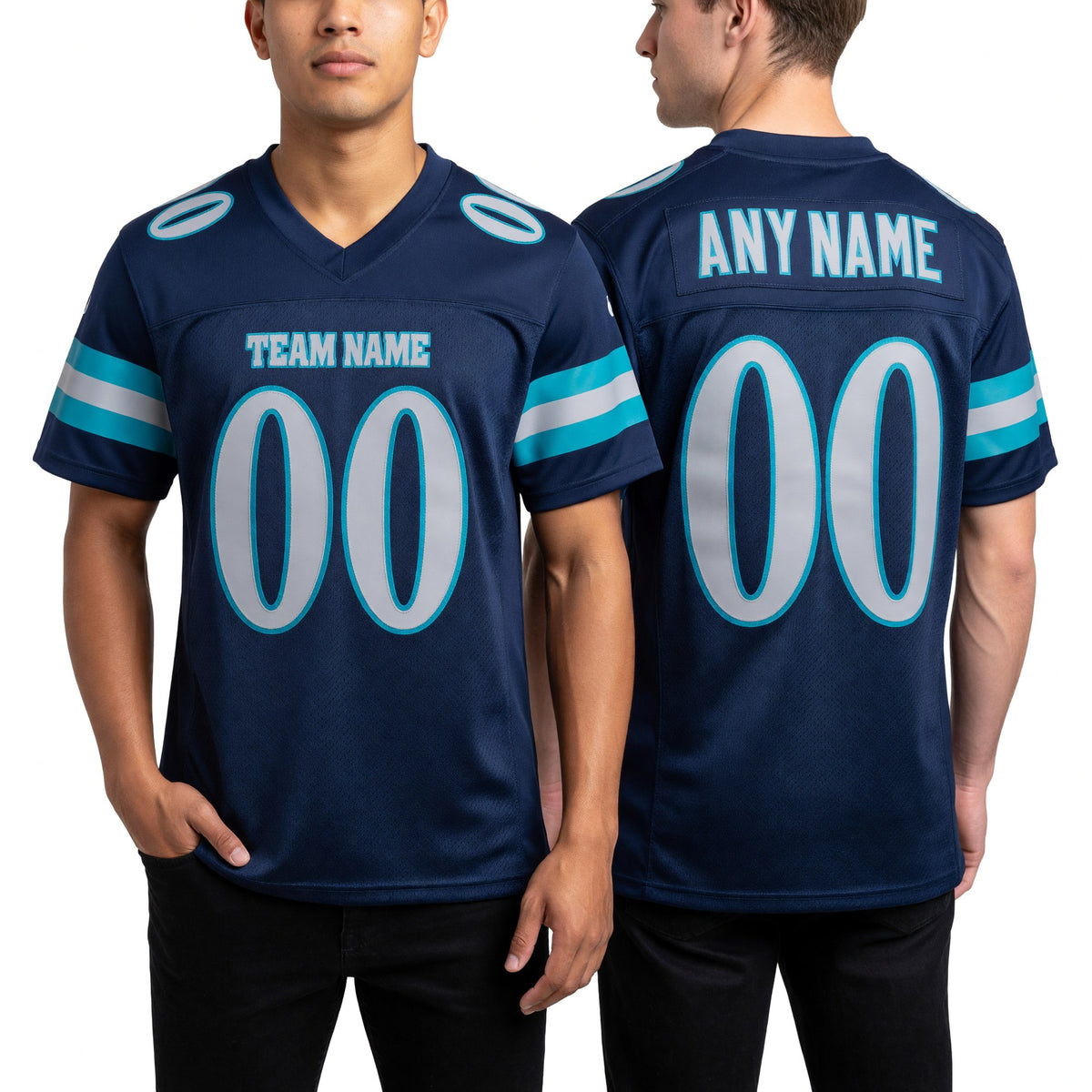 Custom Navy Gray-Aqua Mesh Authentic Football Jersey worn front and back