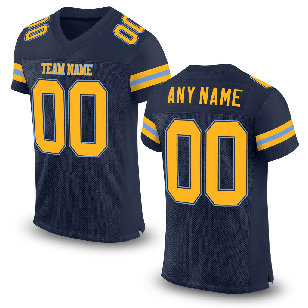 Custom Navy Gold-Light Blue Mesh Authentic Football Jersey