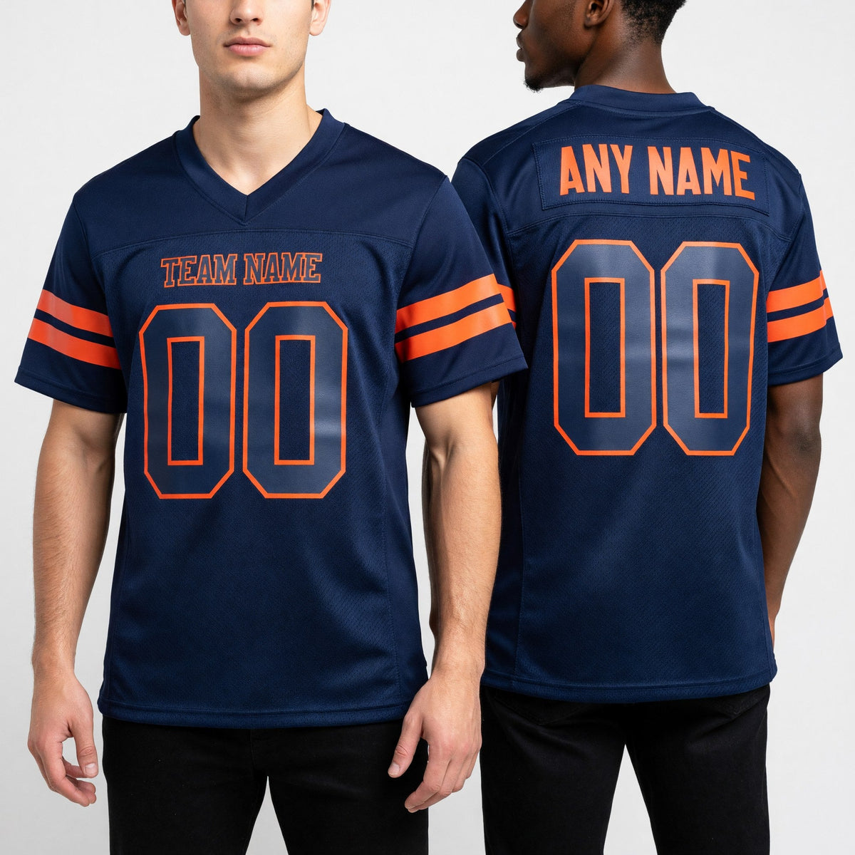 Custom Navy Navy-Orange Mesh Authentic Football Jersey worn front and back