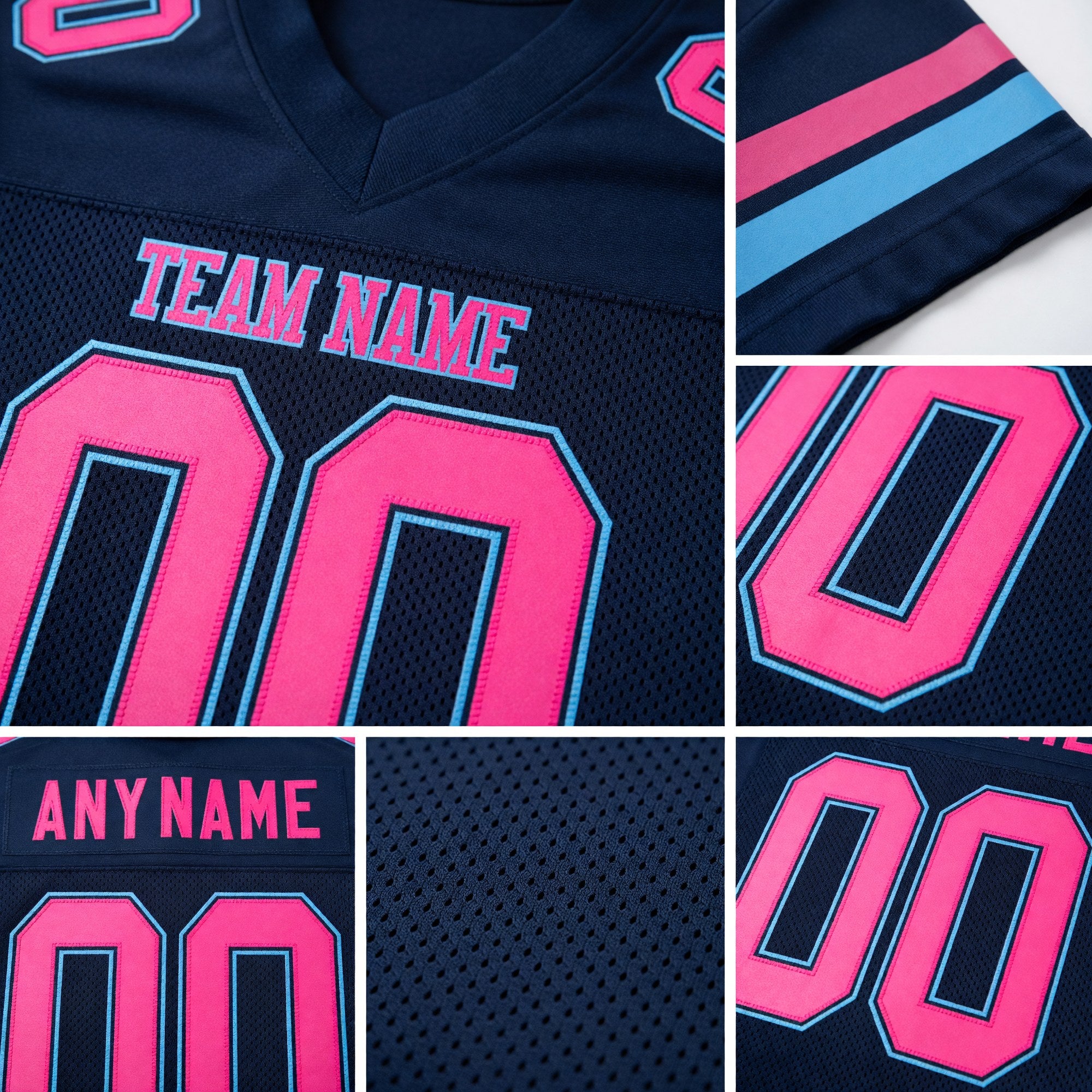 Custom Navy Pink-Light Blue Mesh Authentic Football Jersey detail