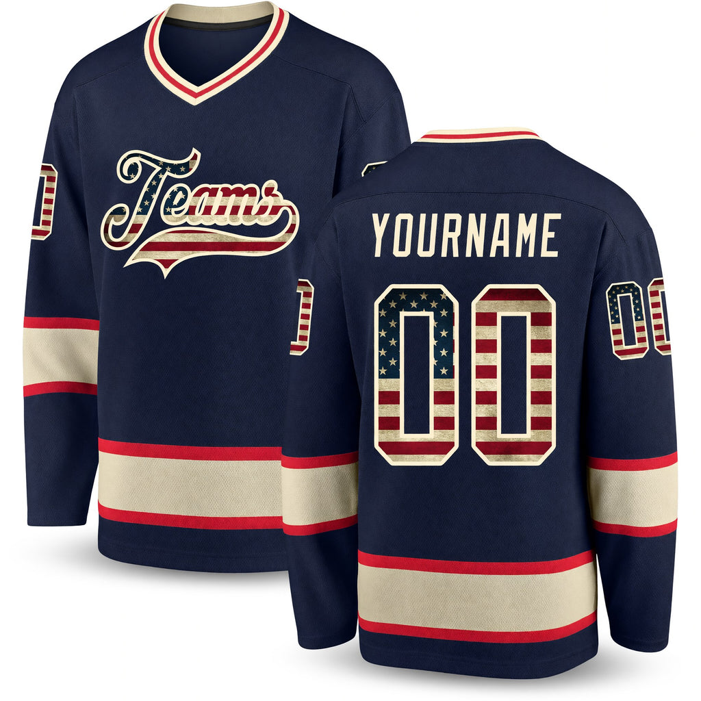 Custom Navy Vintage USA Flag-Cream Hockey Jersey