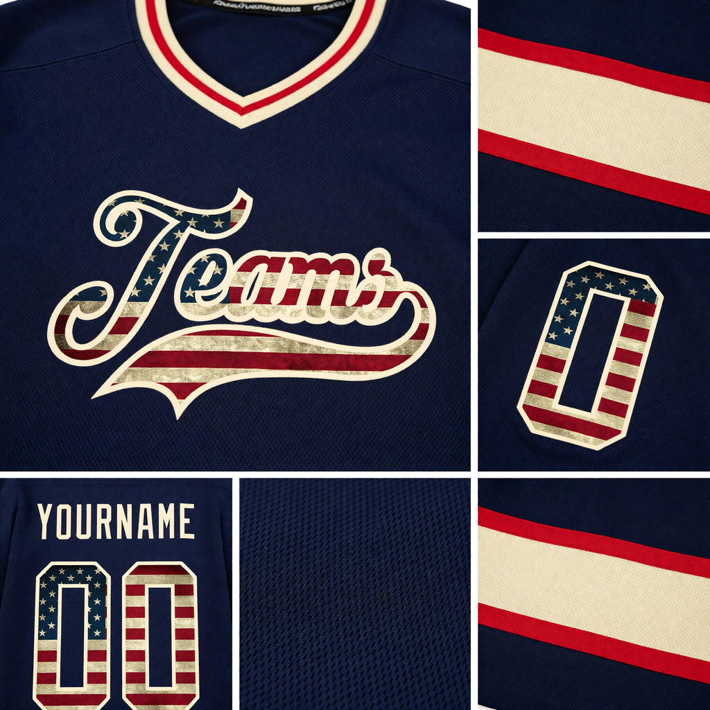 Custom Navy Vintage USA Flag-Cream Hockey Jersey detail