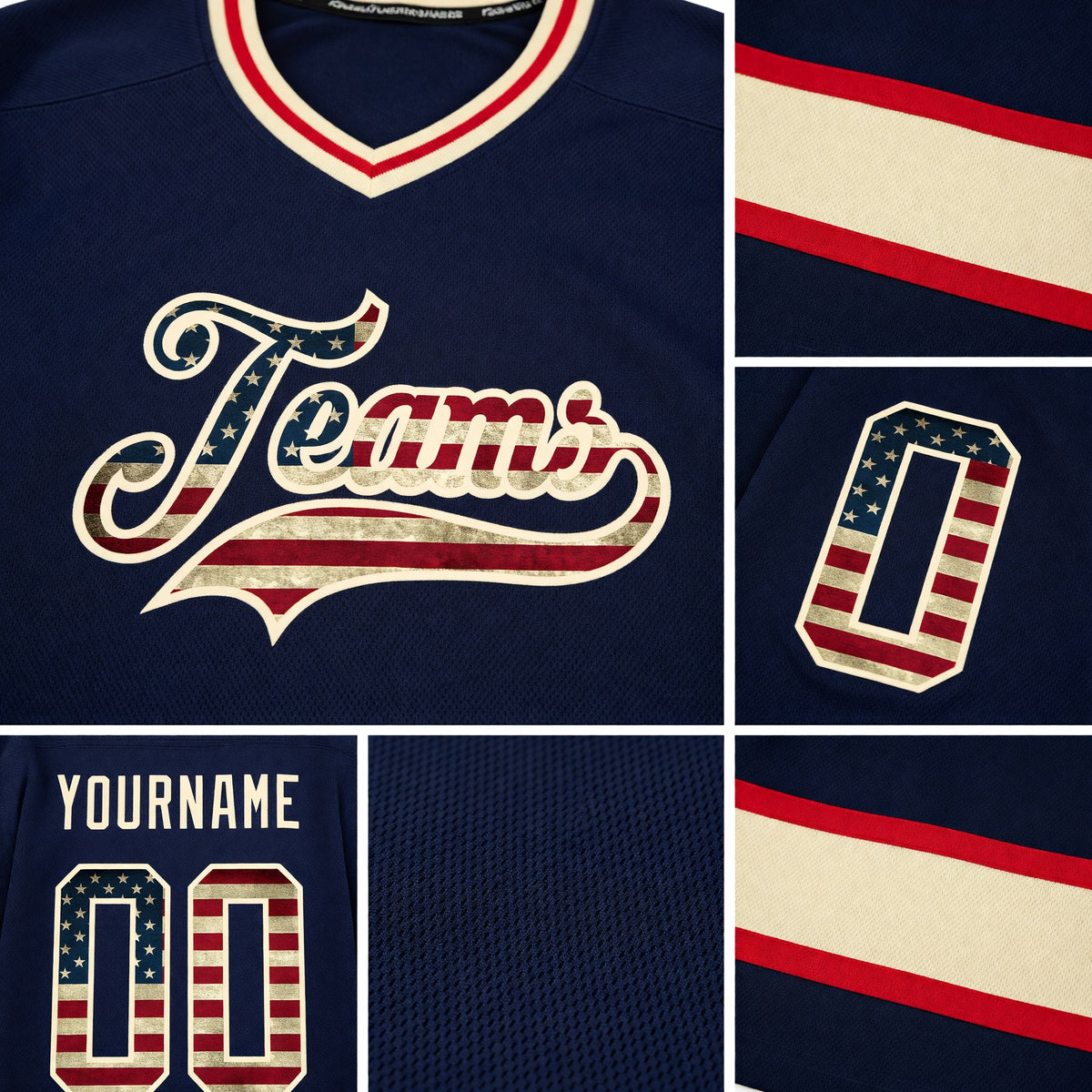 Custom Navy Vintage USA Flag-Cream Hockey Jersey detail