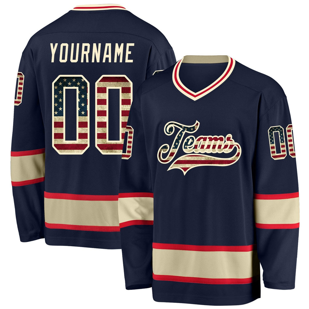 Custom Navy Vintage USA Flag-Cream Hockey Jersey photo 1