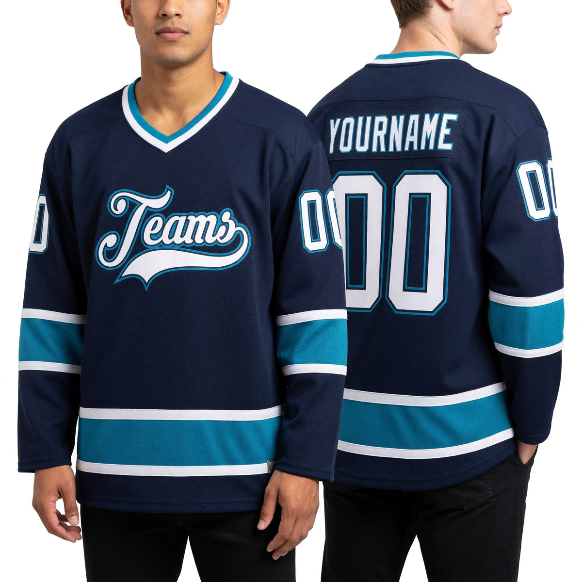 Custom Navy White-Teal Hockey Jersey worn front and back