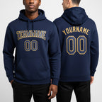 Custom Stitched Navy Navy-Old Gold Sports Pullover Sweatshirt Hoodie worn front and back