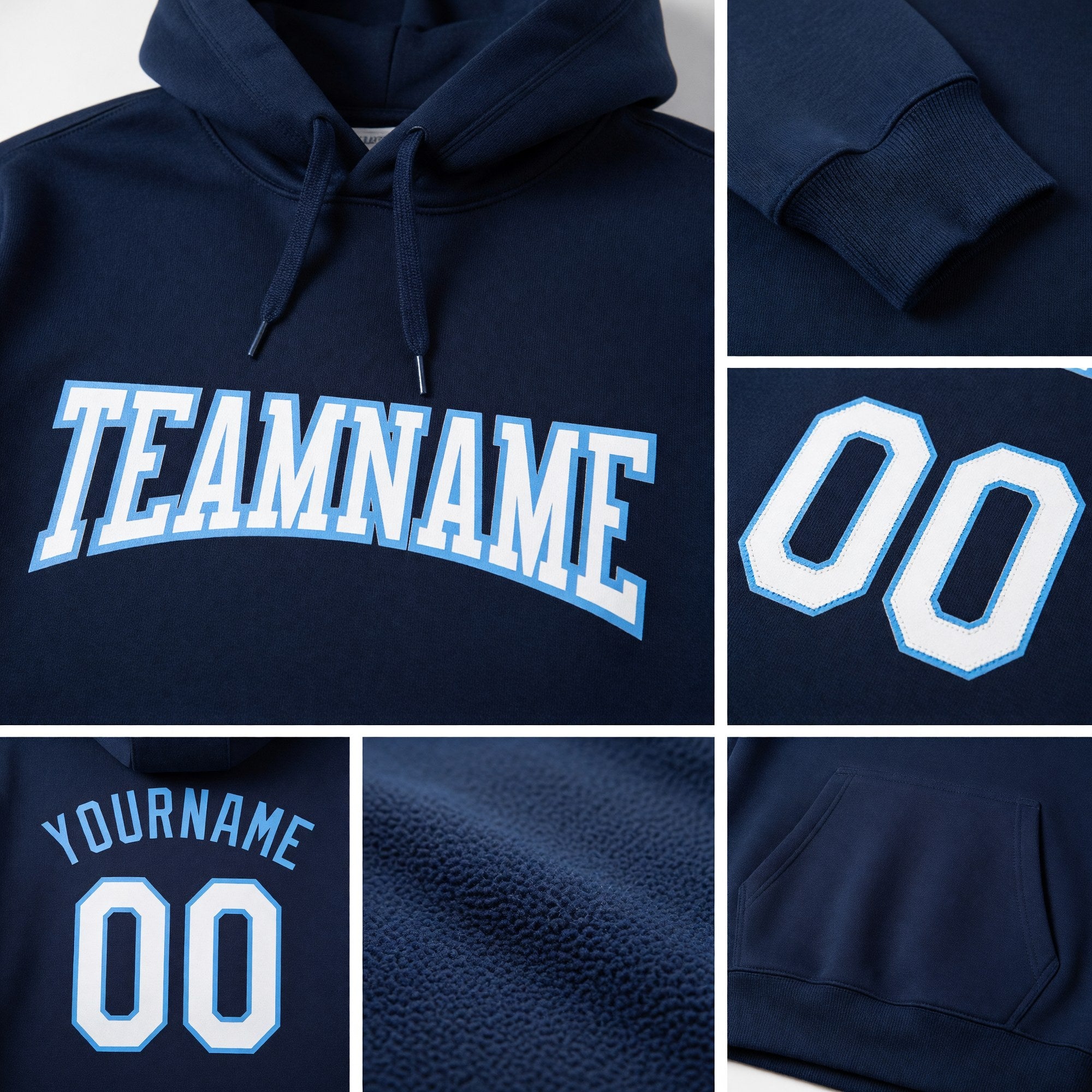Custom Stitched Navy White-Light Blue Sports Pullover Sweatshirt Hoodie detail