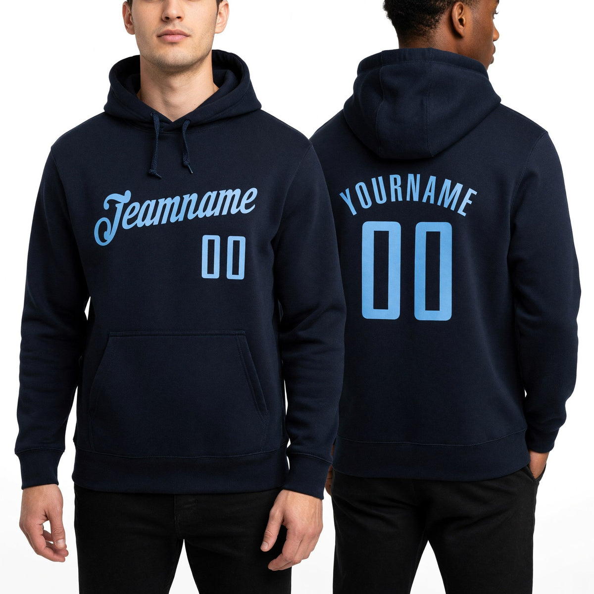 Custom Stitched Navy Light Blue Sports Pullover Sweatshirt Hoodie worn front and back