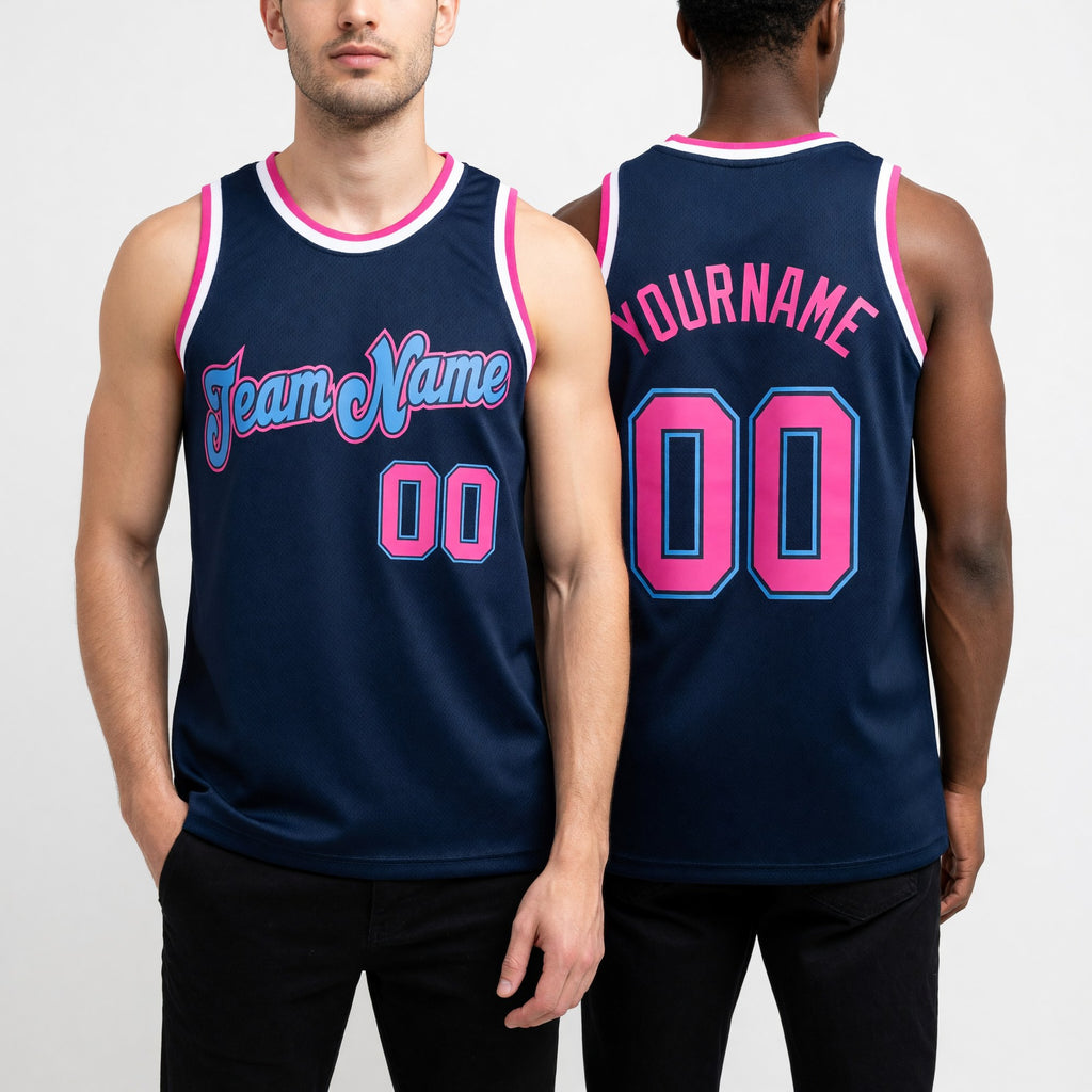 Custom Navy Pink-Light Blue Authentic Throwback Basketball Jersey worn front and back