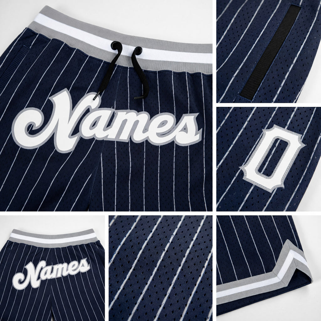 Custom Navy White Pinstripe White-Gray Authentic Basketball Shorts detail
