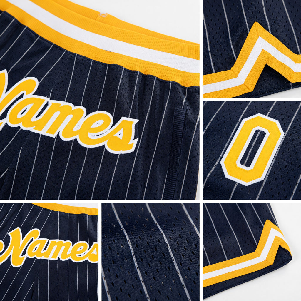 Custom Navy White Pinstripe Gold-White Authentic Basketball Shorts detail