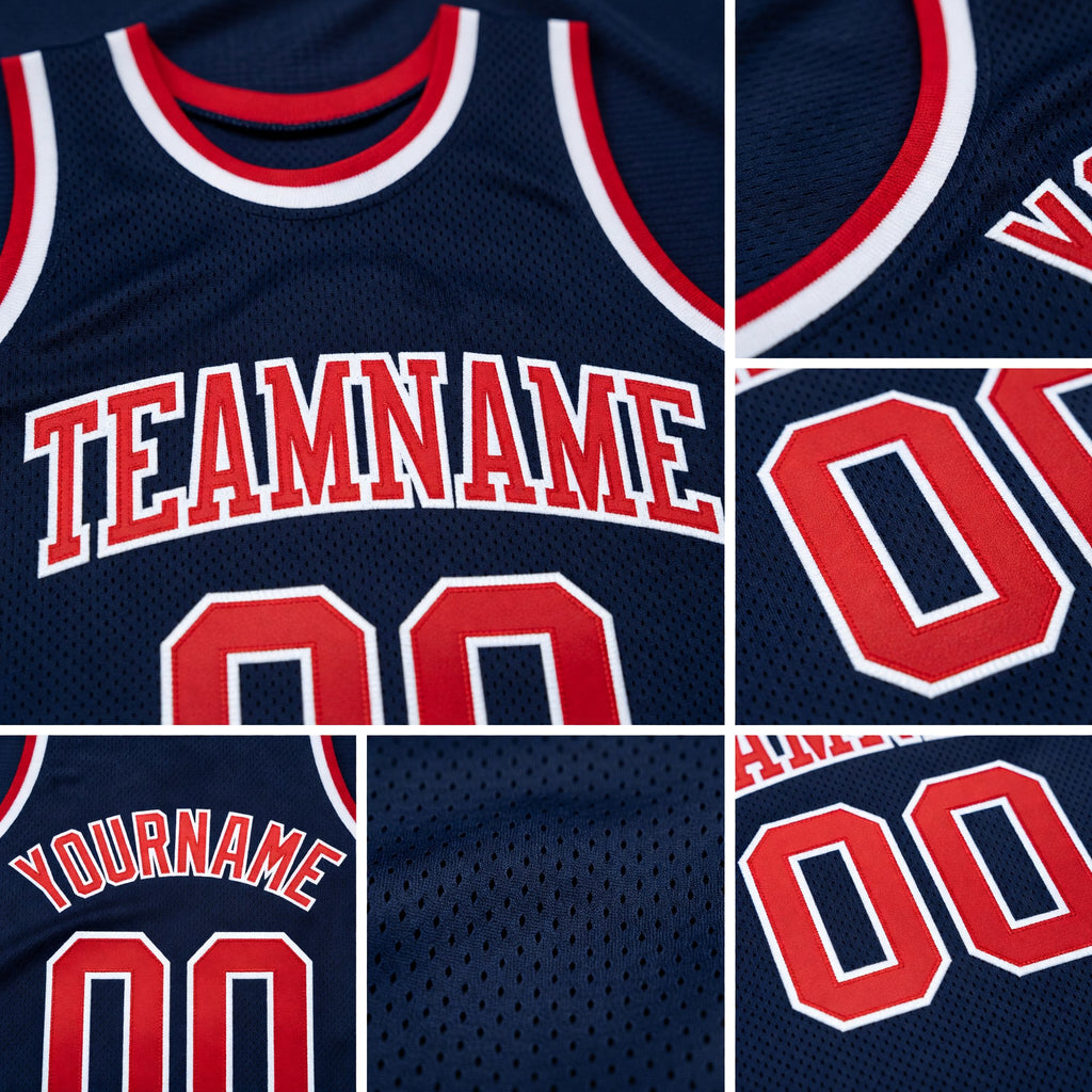 Custom Navy Red-White Authentic Throwback Basketball Jersey detail
