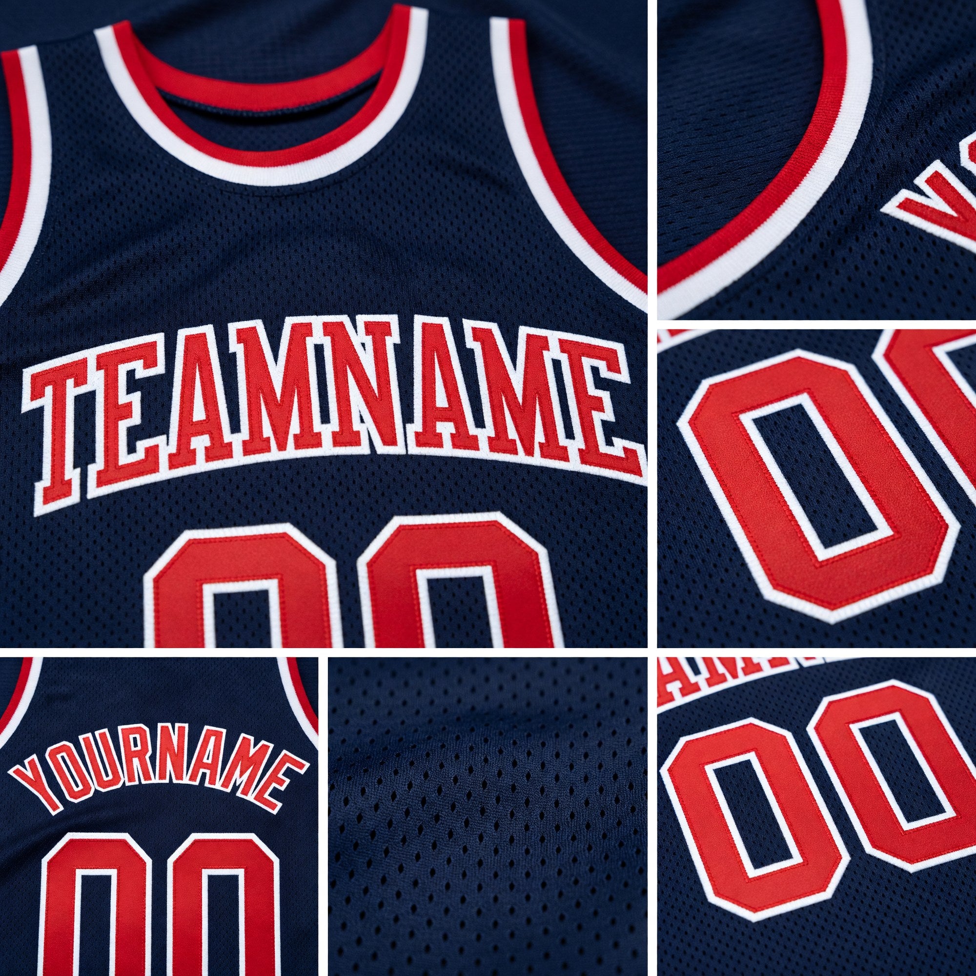 Custom Navy Red-White Authentic Throwback Basketball Jersey detail