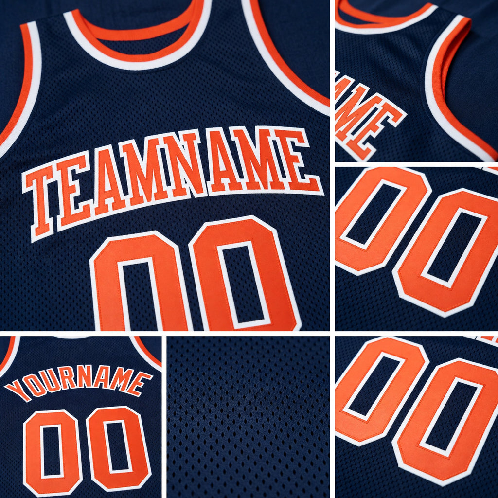 Custom Navy Orange-White Authentic Throwback Basketball Jersey detail