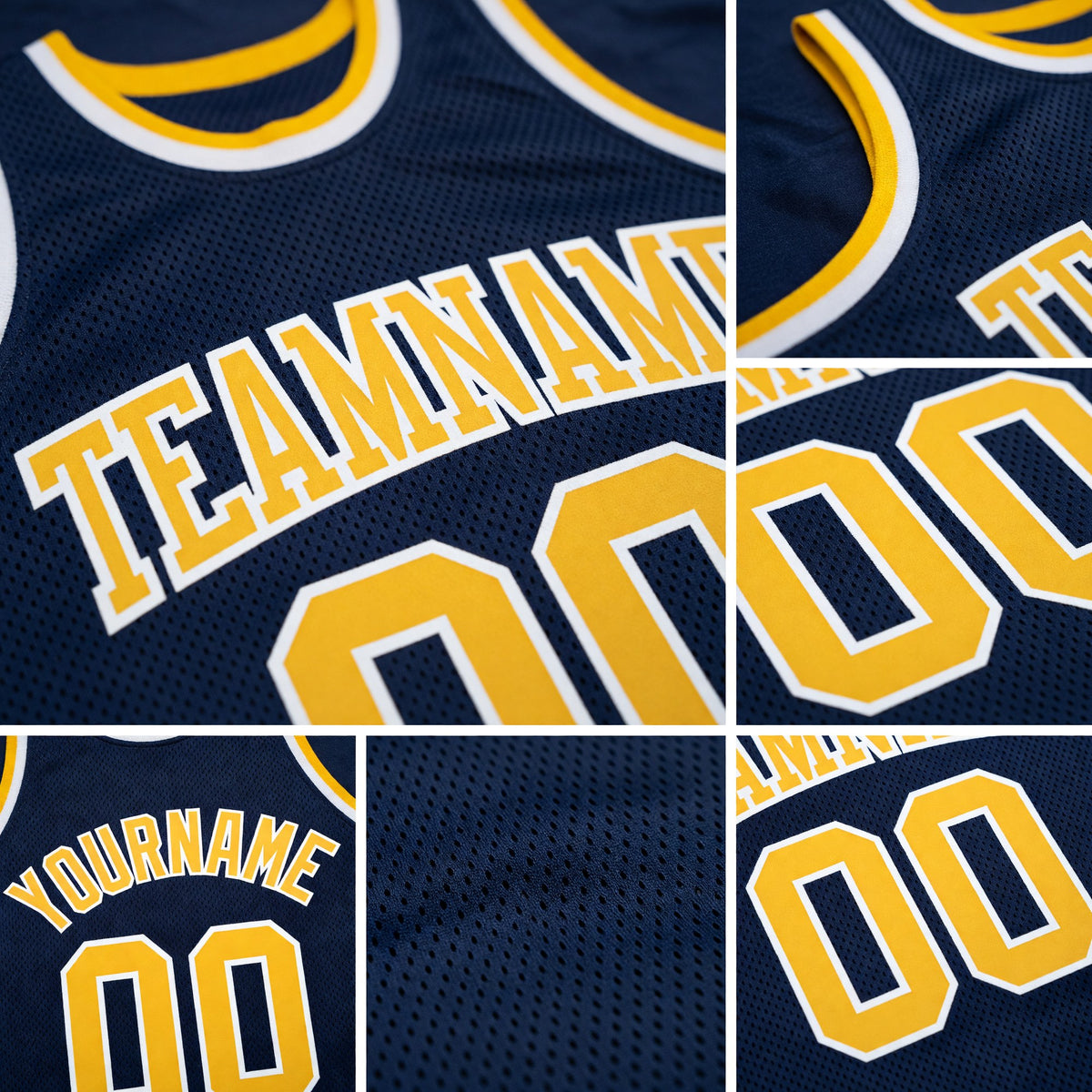 Custom Navy Gold-White Authentic Throwback Basketball Jersey detail