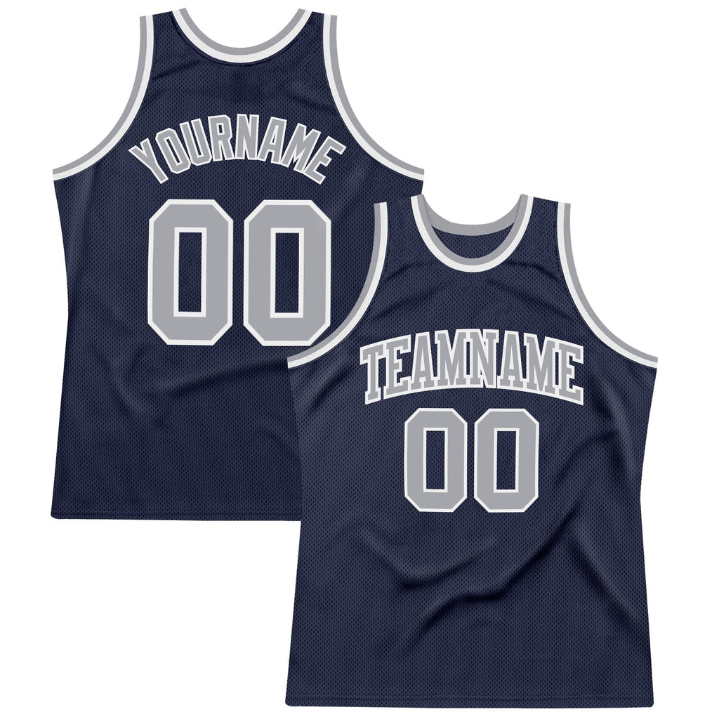 Custom Navy Gray-White Authentic Throwback Basketball Jersey photo 1