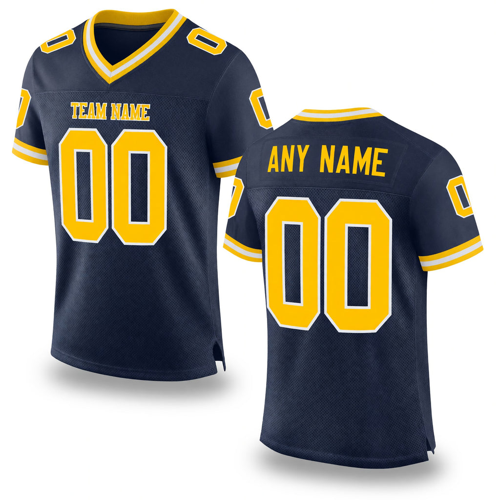 Custom Navy Gold-White Mesh Authentic Throwback Football Jersey