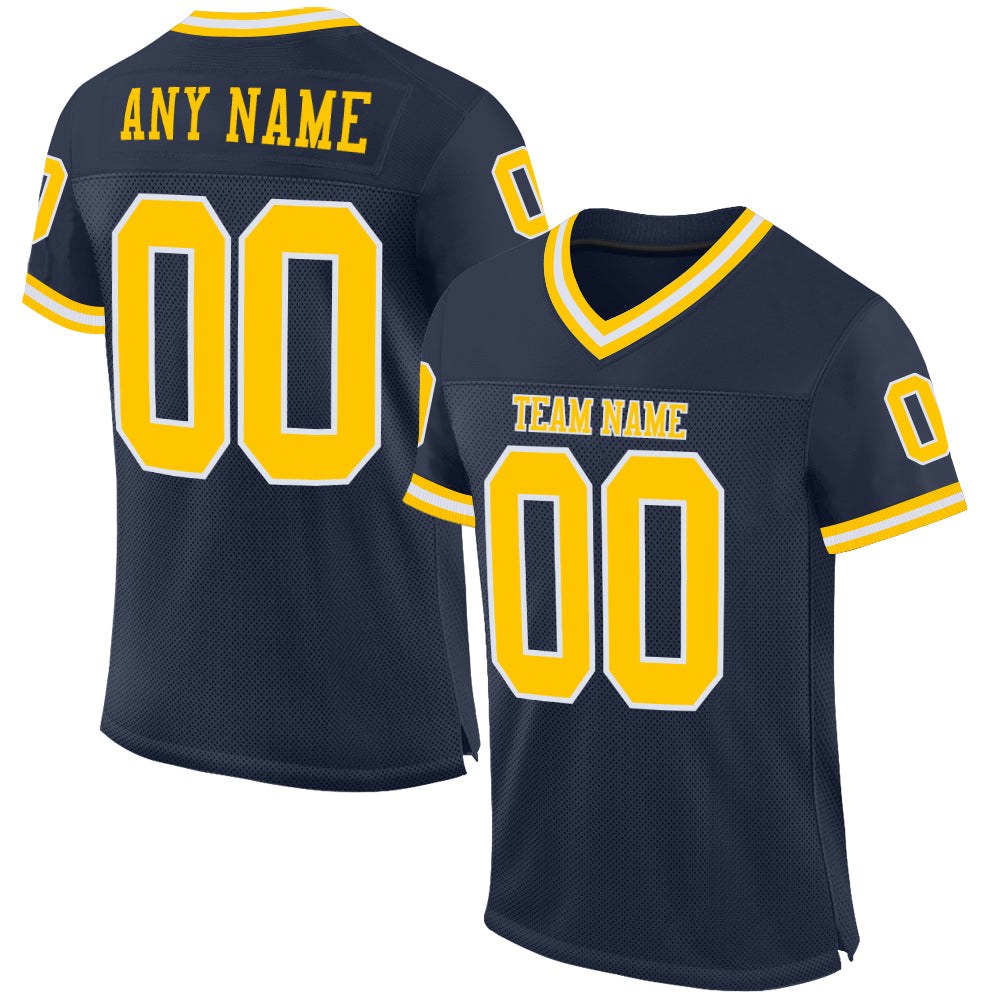 Custom Navy Gold-White Mesh Authentic Throwback Football Jersey photo 1
