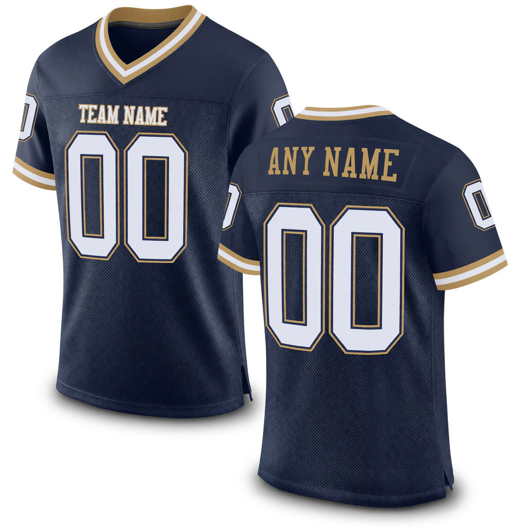 Custom Navy White-Old Gold Mesh Authentic Throwback Football Jersey