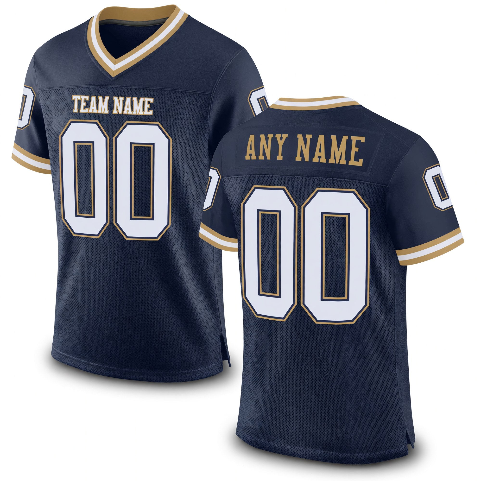 Custom Navy White-Old Gold Mesh Authentic Throwback Football Jersey