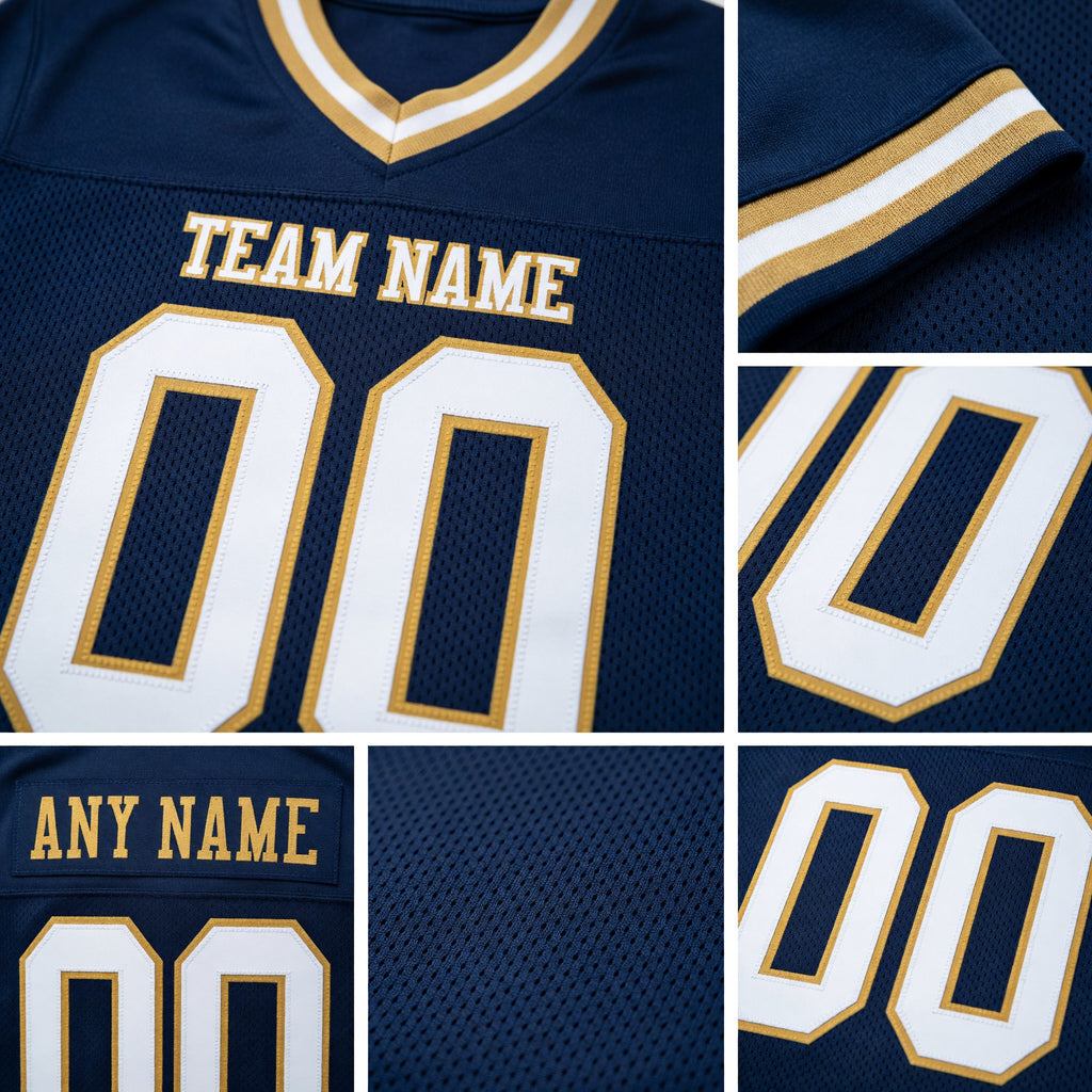 Custom Navy White-Old Gold Mesh Authentic Throwback Football Jersey detail