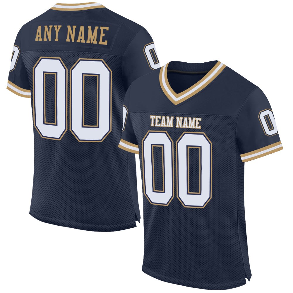 Custom Navy White-Old Gold Mesh Authentic Throwback Football Jersey photo 1