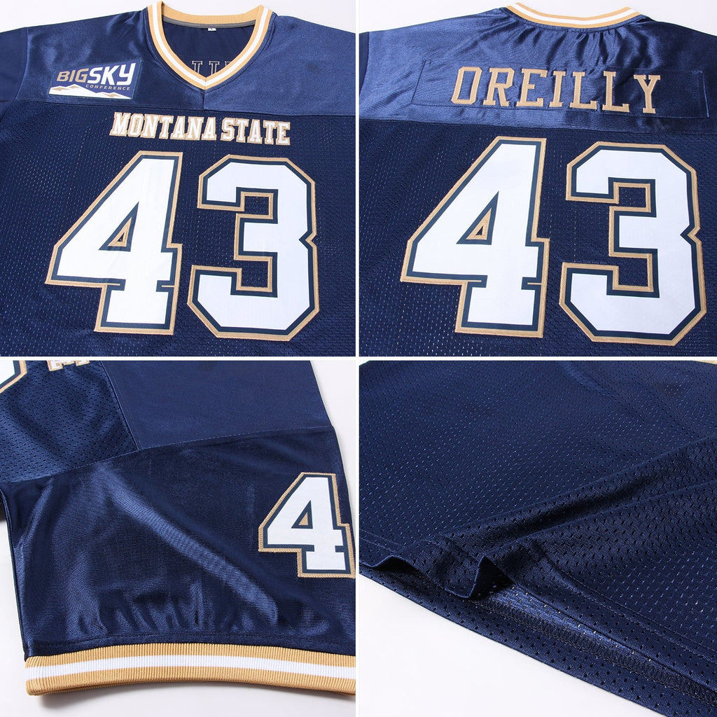 Custom Navy White-Old Gold Mesh Authentic Throwback Football Jersey photo 4