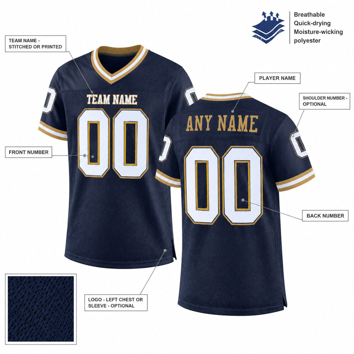 Custom Navy Mesh Authentic Football Jersey with White and Old Gold Lettering Design 0429 customization guide