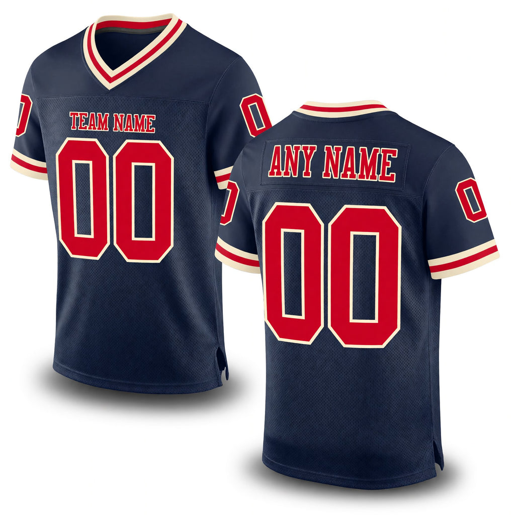 Custom Navy Red-Cream Mesh Authentic Throwback Football Jersey