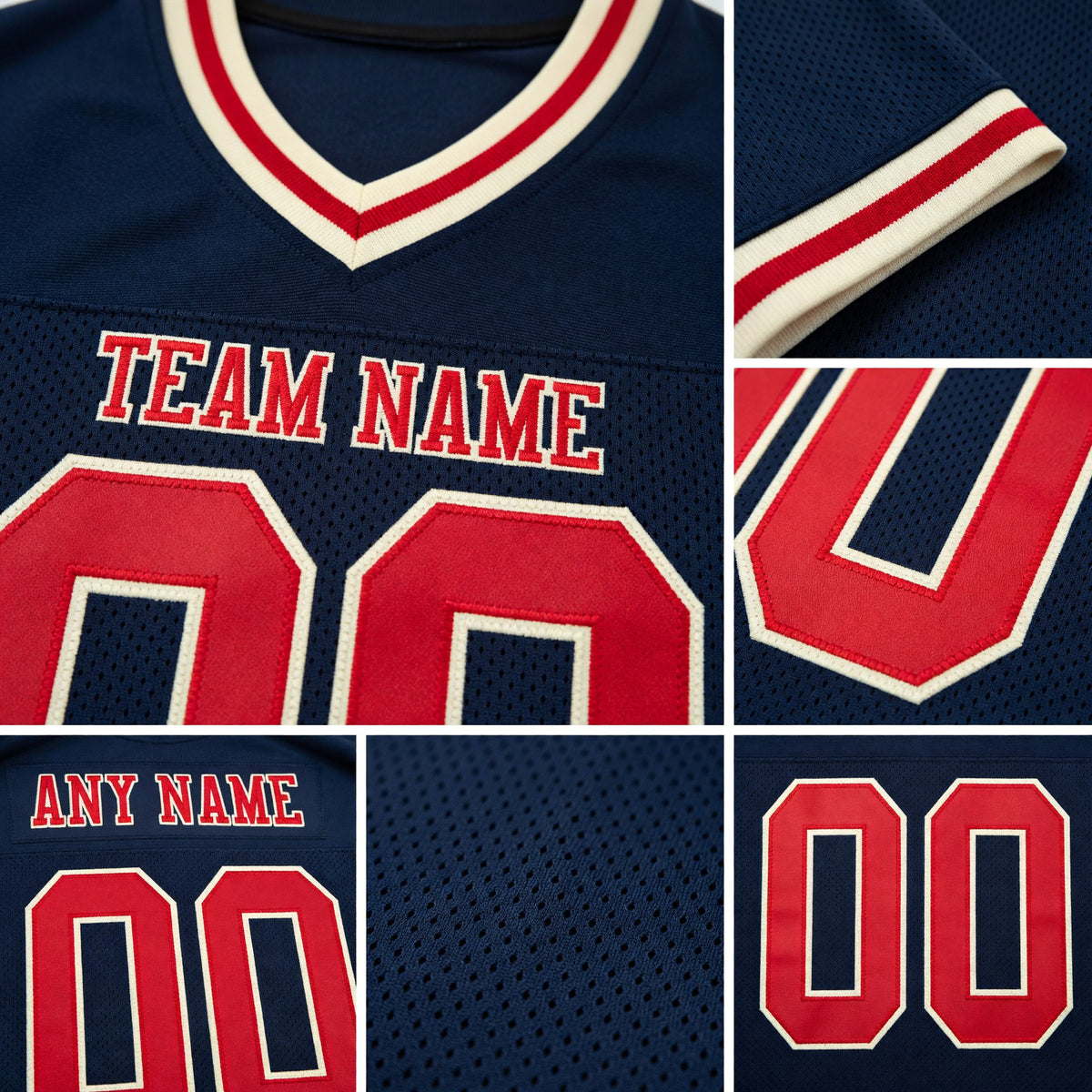 Custom Navy Red-Cream Mesh Authentic Throwback Football Jersey detail