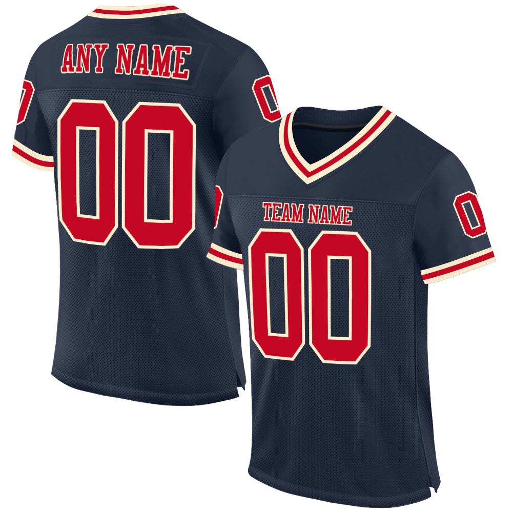Custom Navy Red-Cream Mesh Authentic Throwback Football Jersey photo 1