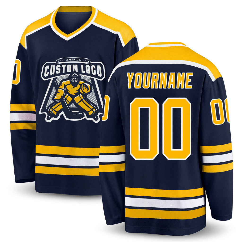 Custom Navy Gold-White Hockey Jersey