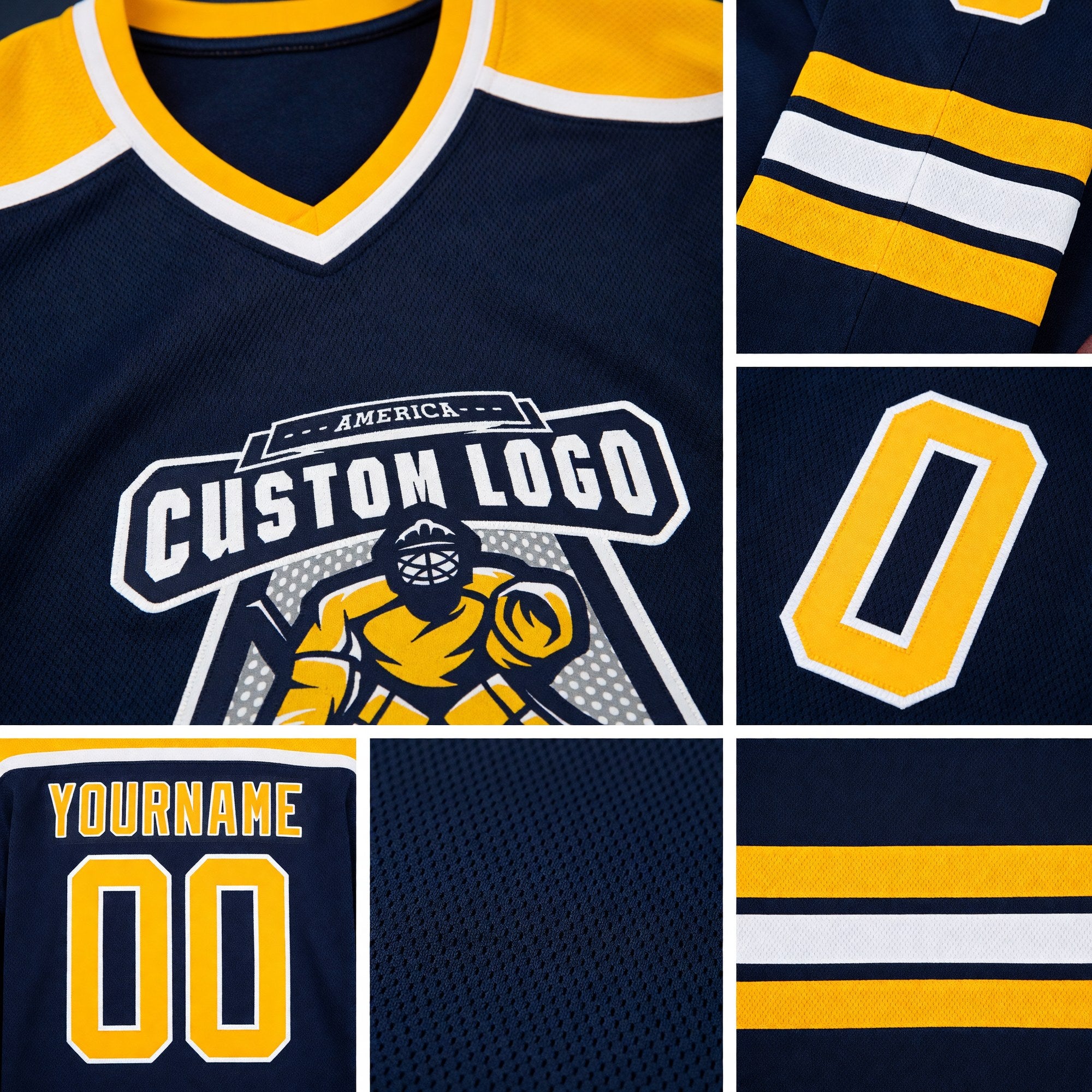 Custom Navy Gold-White Hockey Jersey detail